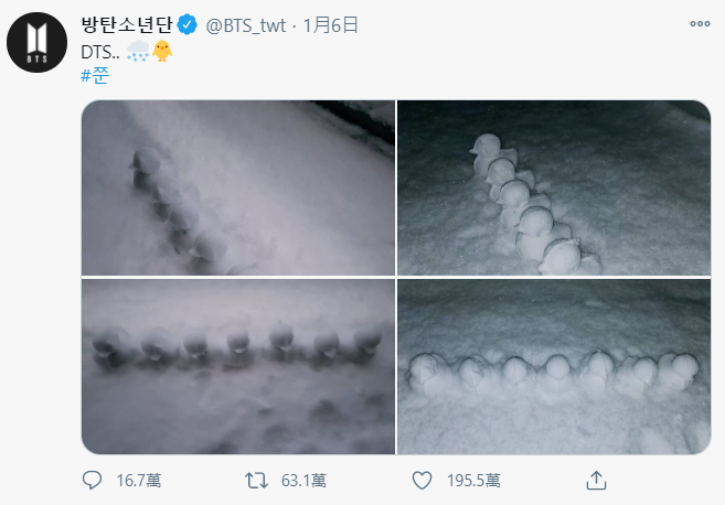 BTS RM也興奮出門堆雪人,還做了7隻小鴨雪球,幫牠們取名為「DTS」。 圖:翻攝自BTS推特 BTS RM也興奮出門堆雪人,還做了7隻小鴨雪球,幫牠們取名為「DTS」。 圖:翻攝自BTS推特