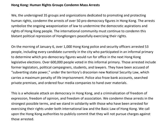 35個國際人權組織聯合聲明,共同譴責香港的拘捕行動。 圖:翻攝自王丹臉書 35個國際人權組織聯合聲明,共同譴責香港的拘捕行動。 圖:翻攝自王丹臉書