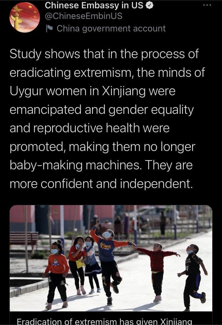 中國駐美國大使館日前聲稱強迫新疆維吾爾婦女施行節育手術,讓她們不再是生產機器,遭到國際圍剿。 圖:翻攝自中國駐美國大使館推特 中國駐美國大使館日前聲稱強迫新疆維吾爾婦女施行節育手術,讓她們不再是生產機器,遭到國際圍剿。 圖:翻攝自中國駐美國大使館推特