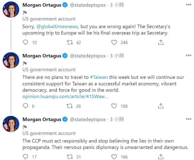 美國國務院發言人摩根・奧塔格斯(Morgan Ortagus)在推特上反嗆中國,不要只相信官媒刊登的謊言,這種外交方式相當危險。 圖:翻攝自Morgan Ortagus推特 美國國務院發言人摩根・奧塔格斯(Morgan Ortagus)在推特上反嗆中國,不要只相信官媒刊登的謊言,這種外交方式相當危險。 圖:翻攝自Morgan Ortagus推特