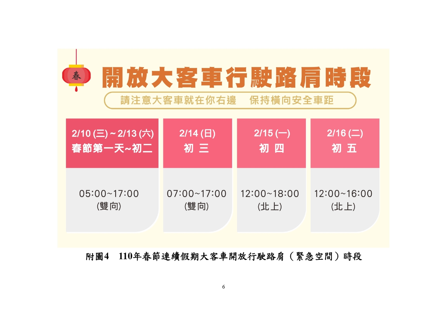今年春節開放行駛路肩時段。 圖:公路總局/提供 今年春節開放行駛路肩時段。 圖:公路總局/提供