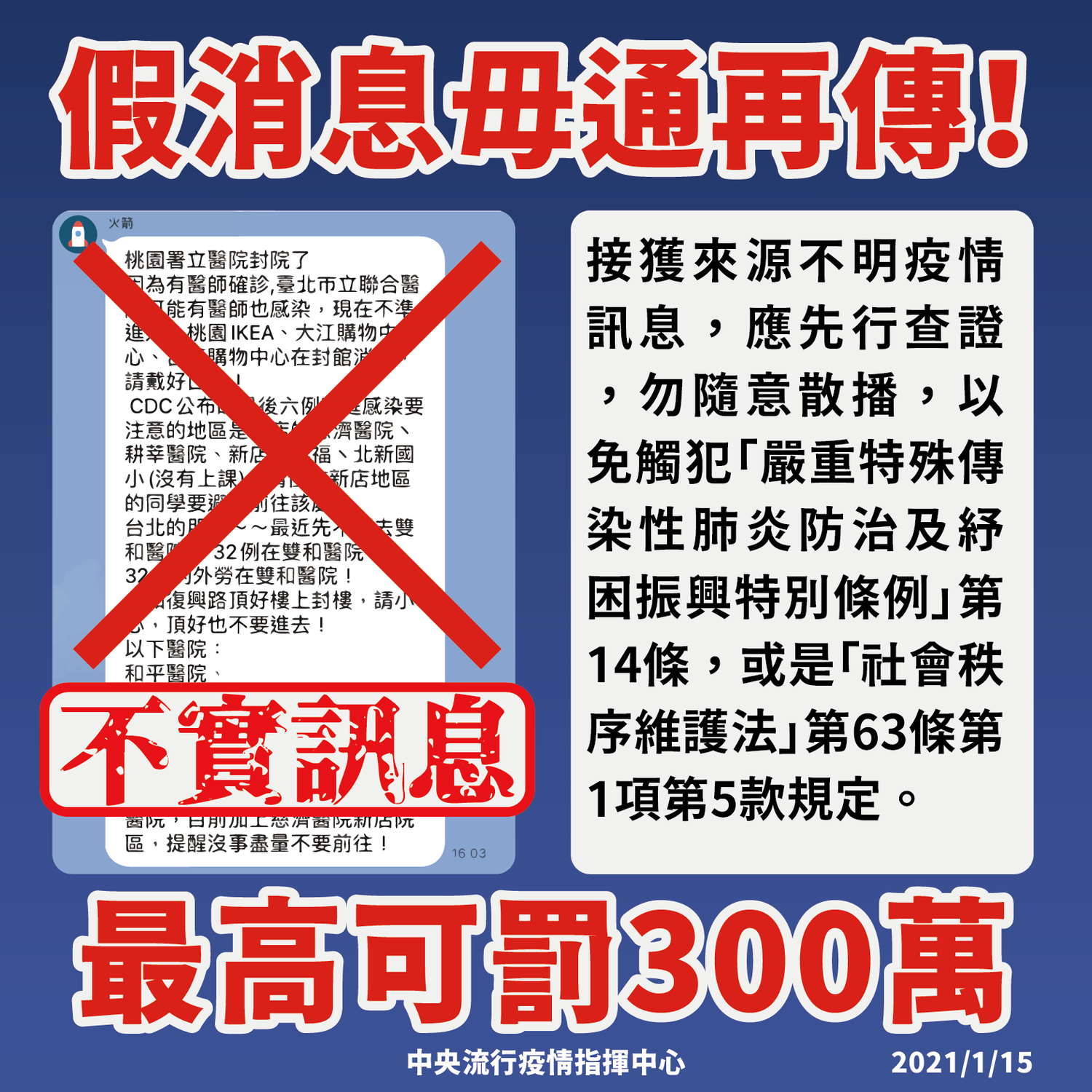 指揮中心提醒,收到疫情假消息請勿轉傳。 圖:中央流行疫情指揮中心/提供 指揮中心提醒,收到疫情假消息請勿轉傳。 圖:中央流行疫情指揮中心/提供