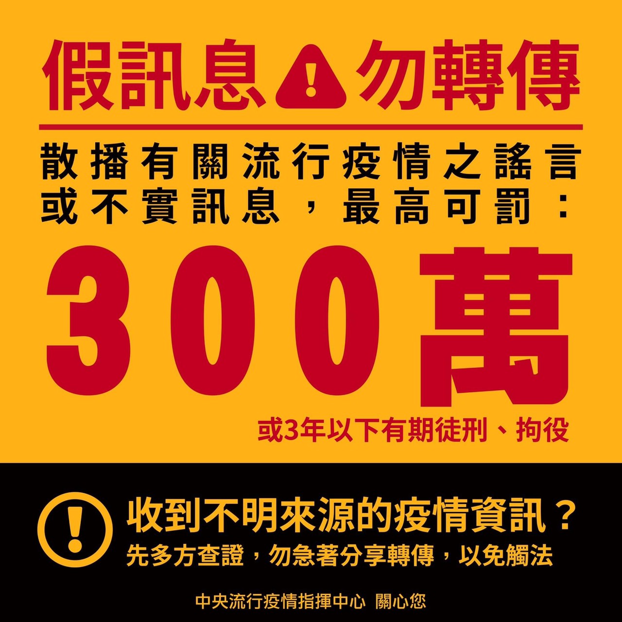 指揮中心提醒,收到疫情假消息請勿轉傳。 圖:中央流行疫情指揮中心/提供 指揮中心提醒,收到疫情假消息請勿轉傳。 圖:中央流行疫情指揮中心/提供