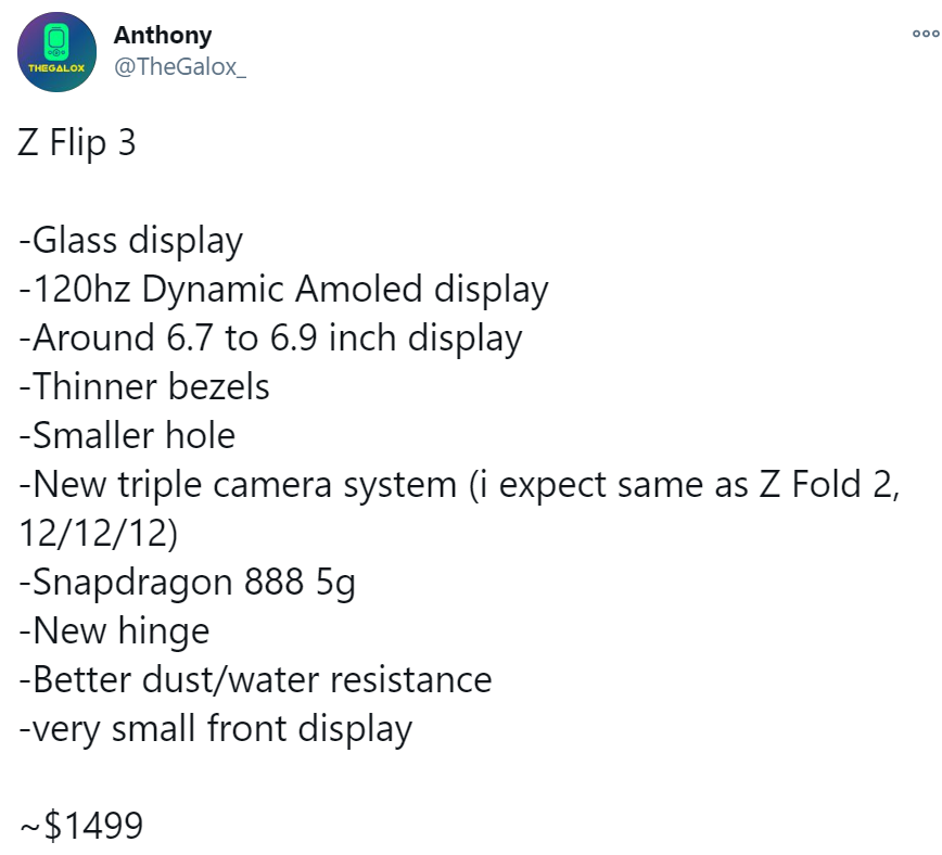 爆料達人Anthony(@TheGalox_)在推特上公布關於三星 Z Flip系列摺疊機的相關細節。 圖:取自當事人推特 爆料達人Anthony(@TheGalox_)在推特上公布關於三星 Z Flip系列摺疊機的相關細節。 圖:取自當事人推特