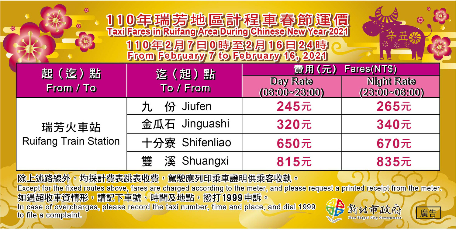 110年計程車春節瑞芳地區貼紙。 圖:新北市交通局提供 110年計程車春節瑞芳地區貼紙。 圖:新北市交通局提供