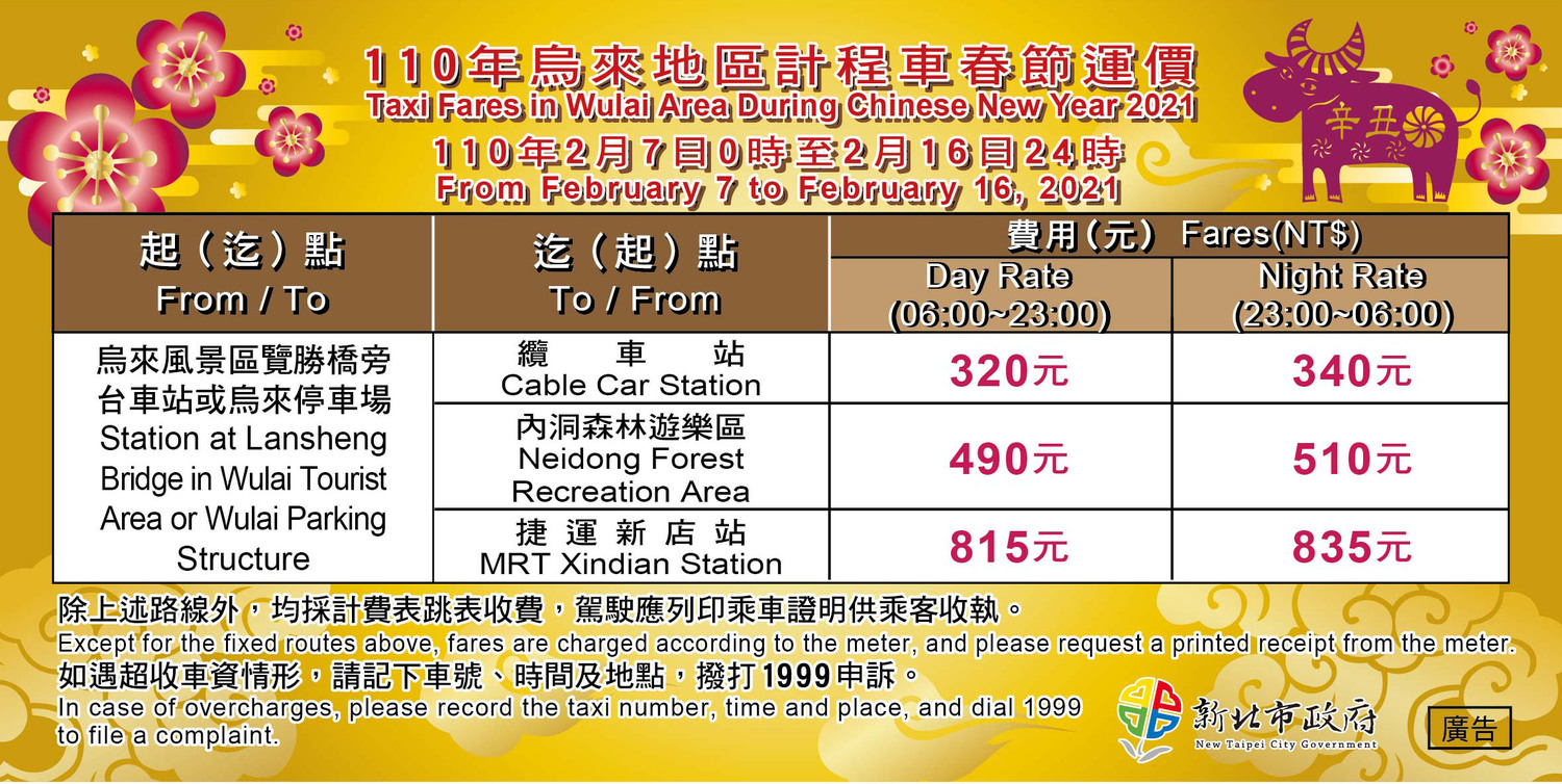 110年計程車春節烏來地區貼紙。 圖:新北市交通局提供 110年計程車春節烏來地區貼紙。 圖:新北市交通局提供