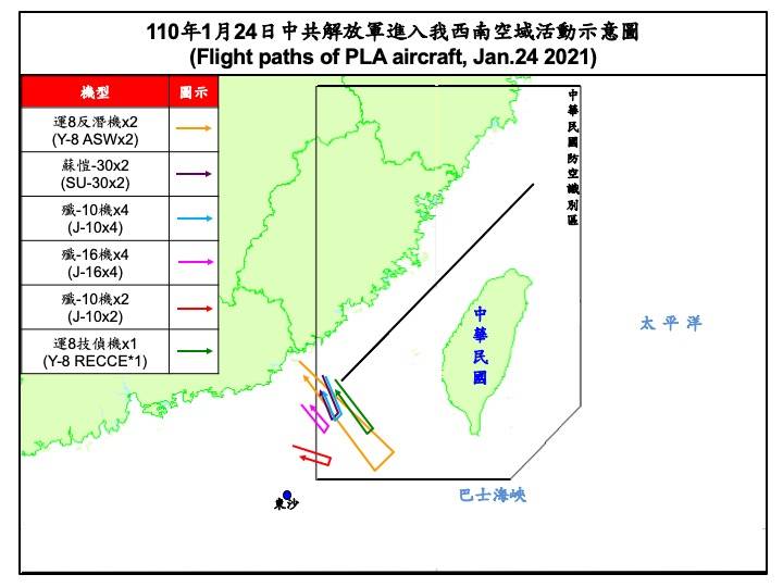 中國軍機24日擾台架次 圖:國防部提供 中國軍機24日擾台架次 圖:國防部提供