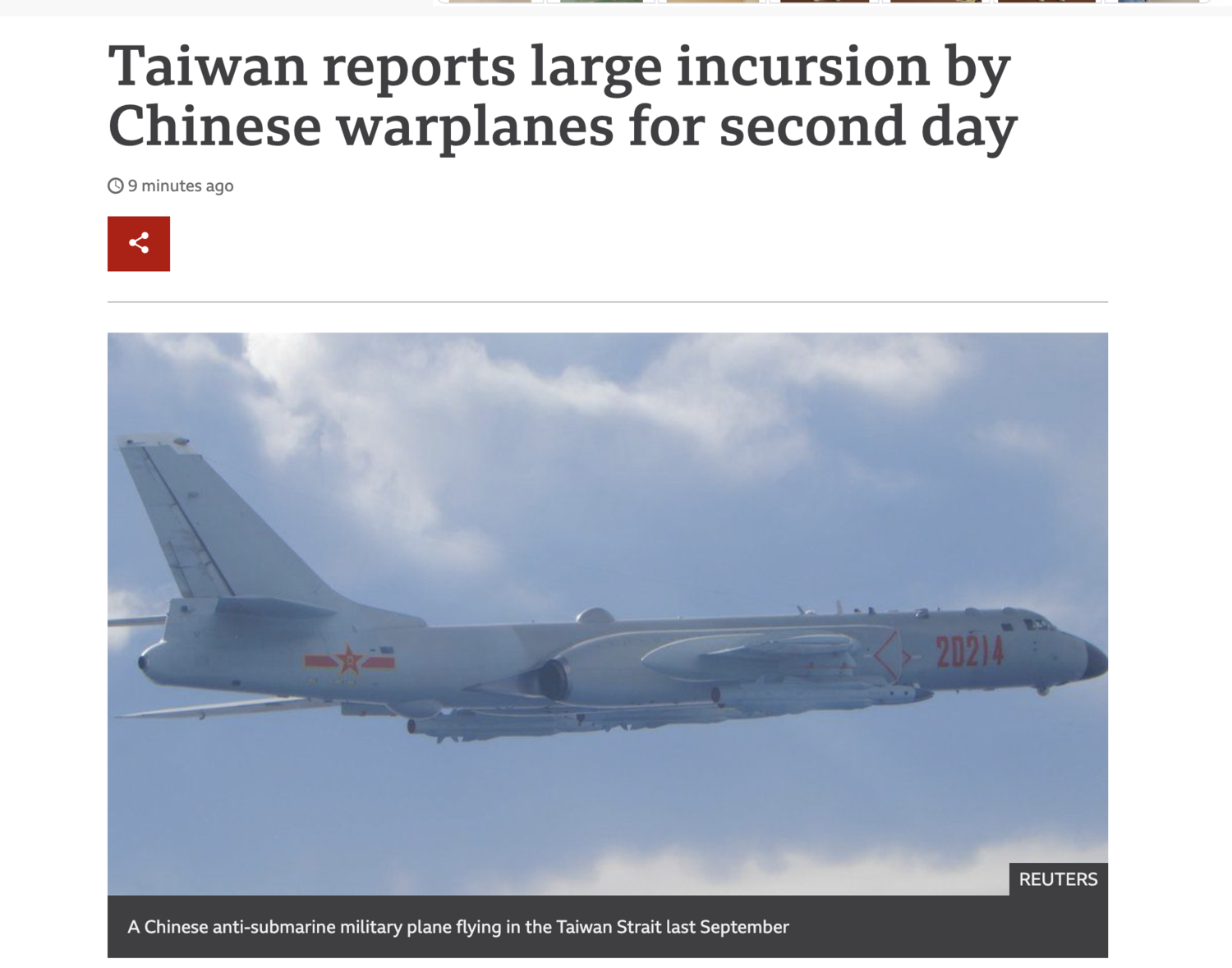英國廣播公司《BBC》網站上將中國近兩日擾台一事刊登在頭版上。 圖:翻攝自BBC官網 英國廣播公司《BBC》網站上將中國近兩日擾台一事刊登在頭版上。 圖:翻攝自BBC官網