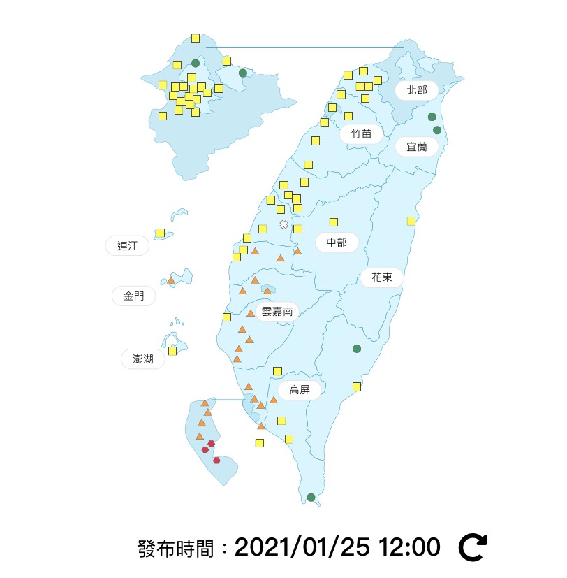 今日中午中南部21測站空品達橘色提醒、3站紅色警戒,連花東也罕見出現空品黃燈。 圖:翻攝自環保署空氣品質監測網 今日中午中南部21測站空品達橘色提醒、3站紅色警戒,連花東也罕見出現空品黃燈。 圖:翻攝自環保署空氣品質監測網