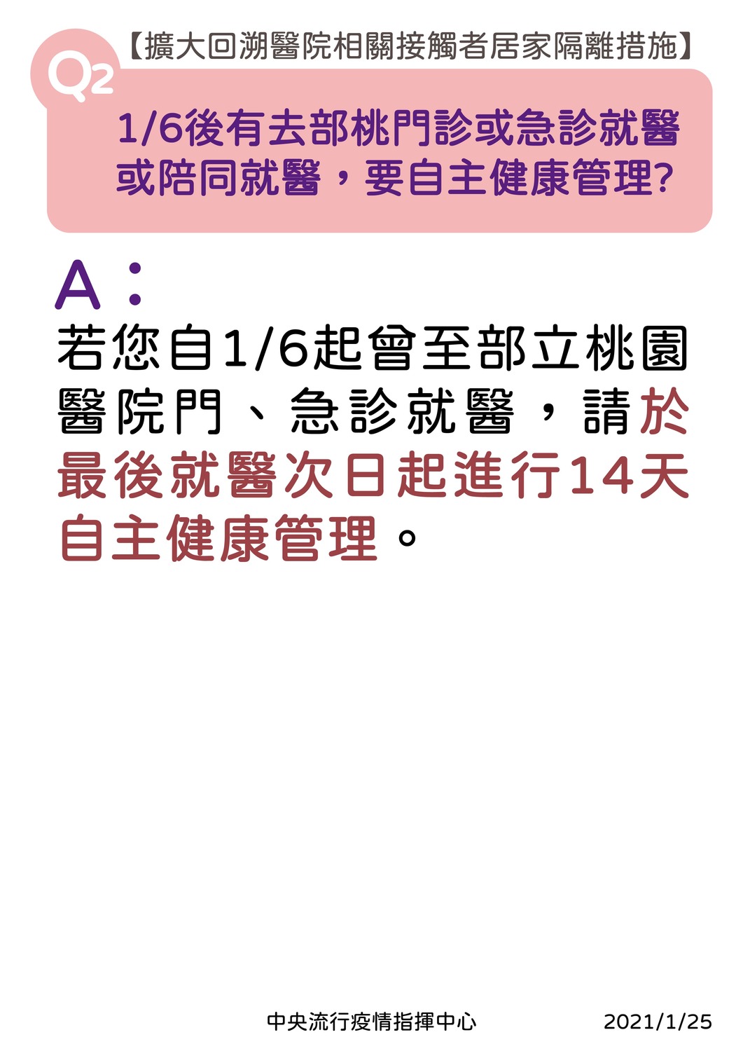 桃園醫院擴大居家隔離、自主健康管理Q&A。 圖:中央流行疫情指揮中心/提供 桃園醫院擴大居家隔離、自主健康管理Q&A。 圖:中央流行疫情指揮中心/提供