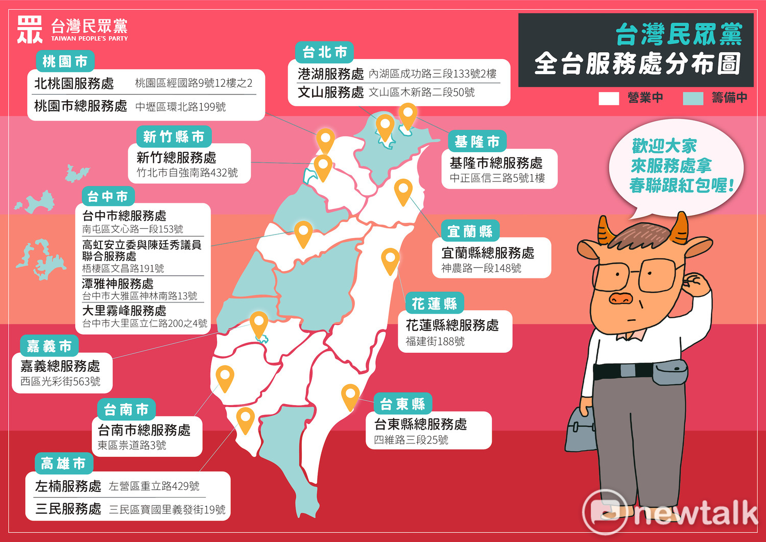 民眾黨全台17個服務處將開放索取春聯、紅包袋。 圖:民眾黨 / 提供 民眾黨全台17個服務處將開放索取春聯、紅包袋。 圖:民眾黨 / 提供