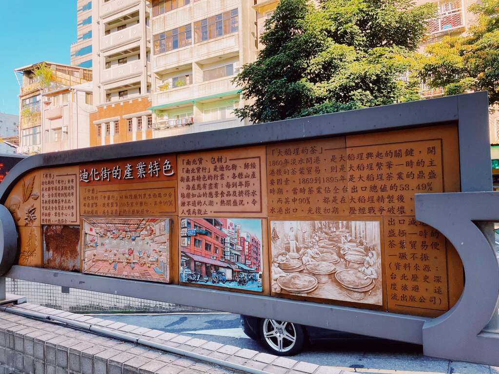 大稻埕公園內有關迪化街產業特色的解說牌。 圖:取自台北旅遊網 大稻埕公園內有關迪化街產業特色的解說牌。 圖:取自台北旅遊網