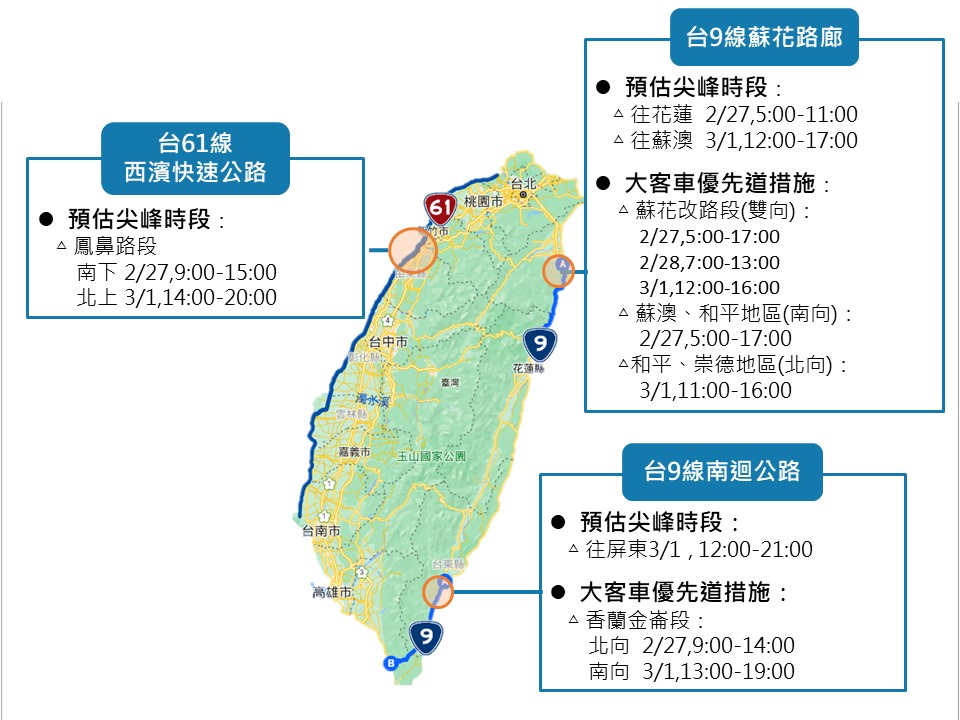 公路總局公布228連假期間省易塞路段,包含台61鳳鼻路段;台9南迴往屏東方向路段;台9蘇花迴廊長往花蓮、蘇澳方向路段。 圖:公路總局/提供 公路總局公布228連假期間省易塞路段,包含台61鳳鼻路段;台9南迴往屏東方向路段;台9蘇花迴廊長往花蓮、蘇澳方向路段。 圖:公路總局/提供