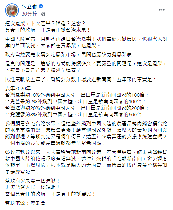 對於近日中國禁止台灣鳳梨進口一事,今(28)前國民黨主席朱立倫也發文,表示「負責任的政府,才是真正挺台灣水果」。 圖:翻攝自朱立倫臉書貼文 對於近日中國禁止台灣鳳梨進口一事,今(28)前國民黨主席朱立倫也發文,表示「負責任的政府,才是真正挺台灣水果」。 圖:翻攝自朱立倫臉書貼文