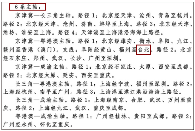 中國國務院24日發表《國家綜合立體交通網規劃綱要》,有6條交通主軸,其中一條「京津冀-粵港澳」包含「台北」 圖:翻攝自觀察者網 中國國務院24日發表《國家綜合立體交通網規劃綱要》,有6條交通主軸,其中一條「京津冀-粵港澳」包含「台北」 圖:翻攝自觀察者網