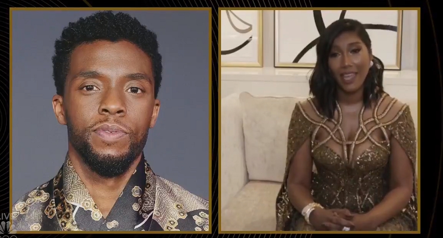 查維克博斯曼的妻子為他領獎與致詞。 圖 : 翻攝自Golden Globe Awards twitter 查維克博斯曼的妻子為他領獎與致詞。 圖 : 翻攝自Golden Globe Awards twitter