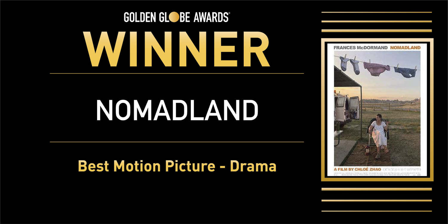 《游牧人生》(Nomadland)亦拿下第78屆金球獎最佳電影。 圖:翻攝自Golden Globes 臉書 《游牧人生》(Nomadland)亦拿下第78屆金球獎最佳電影。 圖:翻攝自Golden Globes 臉書