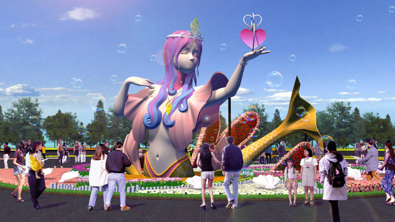 2021桃園彩色海芋季的主花毯為5米高的「愛神美人魚」。 圖:桃園市農業局/提供 2021桃園彩色海芋季的主花毯為5米高的「愛神美人魚」。 圖:桃園市農業局/提供