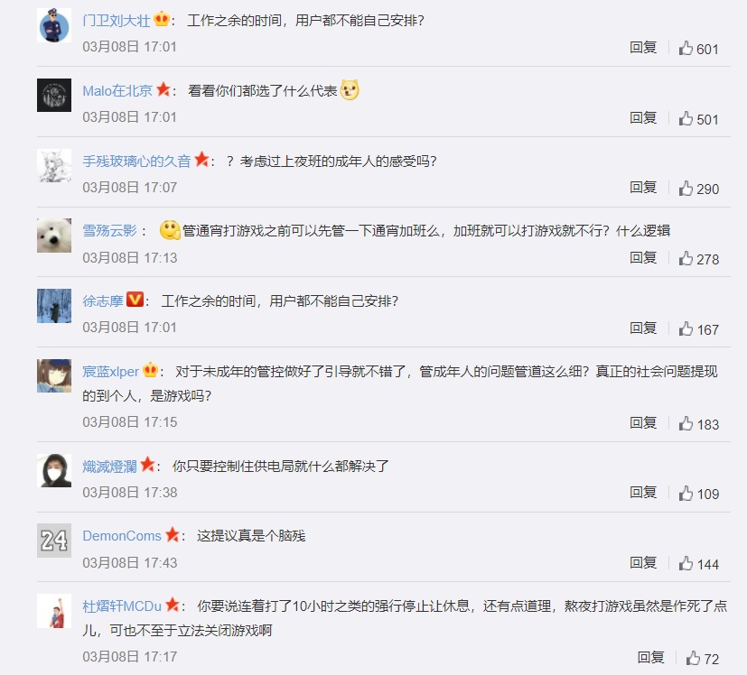 中國人大代表提禁玩家半夜玩遊戲,引發網友不滿。 圖:翻攝自微博 中國人大代表提禁玩家半夜玩遊戲,引發網友不滿。 圖:翻攝自微博