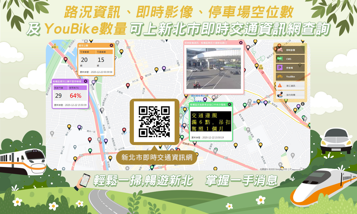 路況資訊、即時影像、停車場空位數及YouBike數量可上新北市即時交通資訊網查詢。 圖:新北市交通局提供 路況資訊、即時影像、停車場空位數及YouBike數量可上新北市即時交通資訊網查詢。 圖:新北市交通局提供