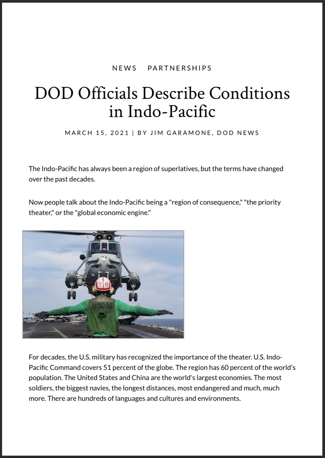 《國防部新聞》〈國防官員闡述印太情勢〉(DOD Officials Describe Conditions in Indo-Pacific)原文。 圖 : 翻攝自美國國防部官網 《國防部新聞》〈國防官員闡述印太情勢〉(DOD Officials Describe Conditions in Indo-Pacific)原文。 圖 : 翻攝自美國國防部官網