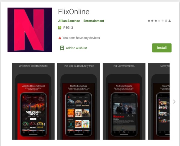 FlixOnline仿冒Netflix,試圖以「免費使用兩個月」吸引用戶下載。 圖:翻攝自Check Point Research FlixOnline仿冒Netflix,試圖以「免費使用兩個月」吸引用戶下載。 圖:翻攝自Check Point Research