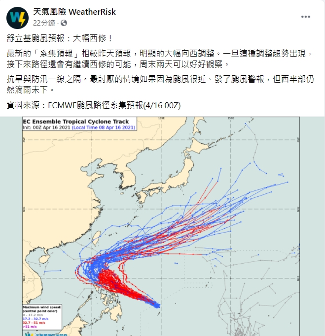 天氣風險公司今日下午表示,中颱「舒力基」的路徑大幅向西修。 圖:翻攝自臉書「天氣風險 WeatherRisk」 天氣風險公司今日下午表示,中颱「舒力基」的路徑大幅向西修。 圖:翻攝自臉書「天氣風險 WeatherRisk」