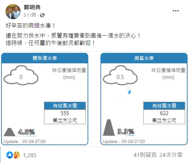 面對嚴峻水情,氣象局長鄭明典表示,歡迎午後對流。 圖:翻攝自鄭明典臉書 面對嚴峻水情,氣象局長鄭明典表示,歡迎午後對流。 圖:翻攝自鄭明典臉書