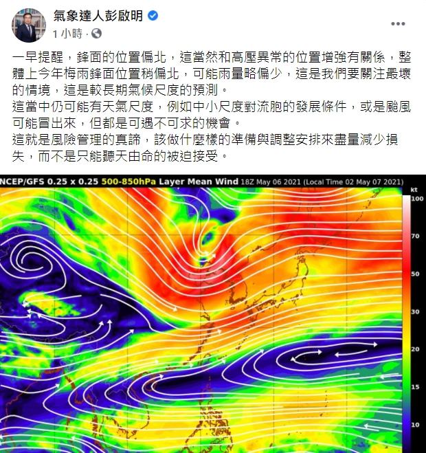 氣象專家彭啟明表示,因為高壓影響,今年梅雨鋒面位置稍微偏北,可能雨量略偏少。 圖:擷取自彭啟明臉書 氣象專家彭啟明表示,因為高壓影響,今年梅雨鋒面位置稍微偏北,可能雨量略偏少。 圖:擷取自彭啟明臉書