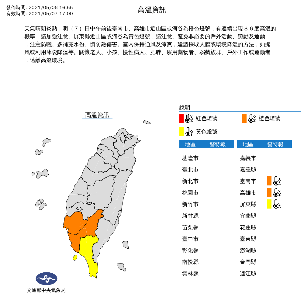 氣象局表示,明日台南、高雄、屏東要留意36度以上的高溫。 圖:中央氣象局/提供 氣象局表示,明日台南、高雄、屏東要留意36度以上的高溫。 圖:中央氣象局/提供