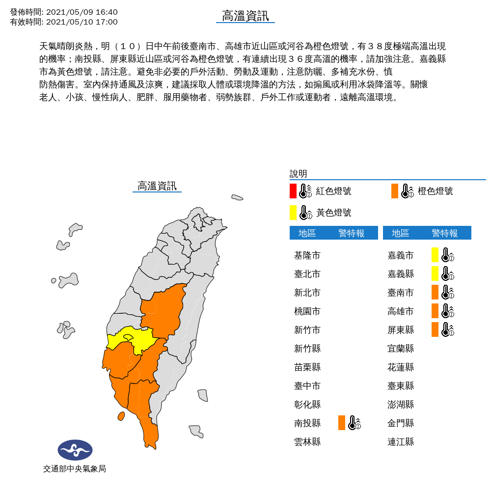 氣象局接連發布高溫資訊,中南部地區亮橘黃色燈號。 圖:中央氣象局/提供 氣象局接連發布高溫資訊,中南部地區亮橘黃色燈號。 圖:中央氣象局/提供