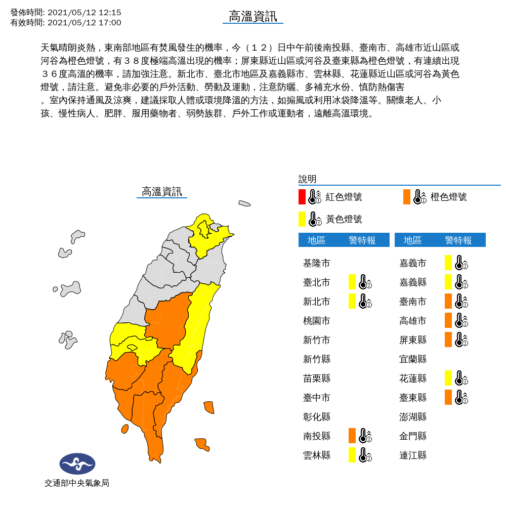 今日天氣炎熱,氣象局對11縣市發布高溫特報,民眾要留意36度以上氣溫。 圖:中央氣象局/提供 今日天氣炎熱,氣象局對11縣市發布高溫特報,民眾要留意36度以上氣溫。 圖:中央氣象局/提供