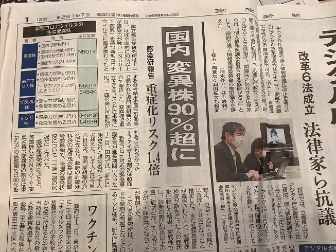 日本變種病毒超過九成,重症化風險1.4倍,速度也是一倍以上。 圖:翻攝自13日東京新聞頭版 日本變種病毒超過九成,重症化風險1.4倍,速度也是一倍以上。 圖:翻攝自13日東京新聞頭版