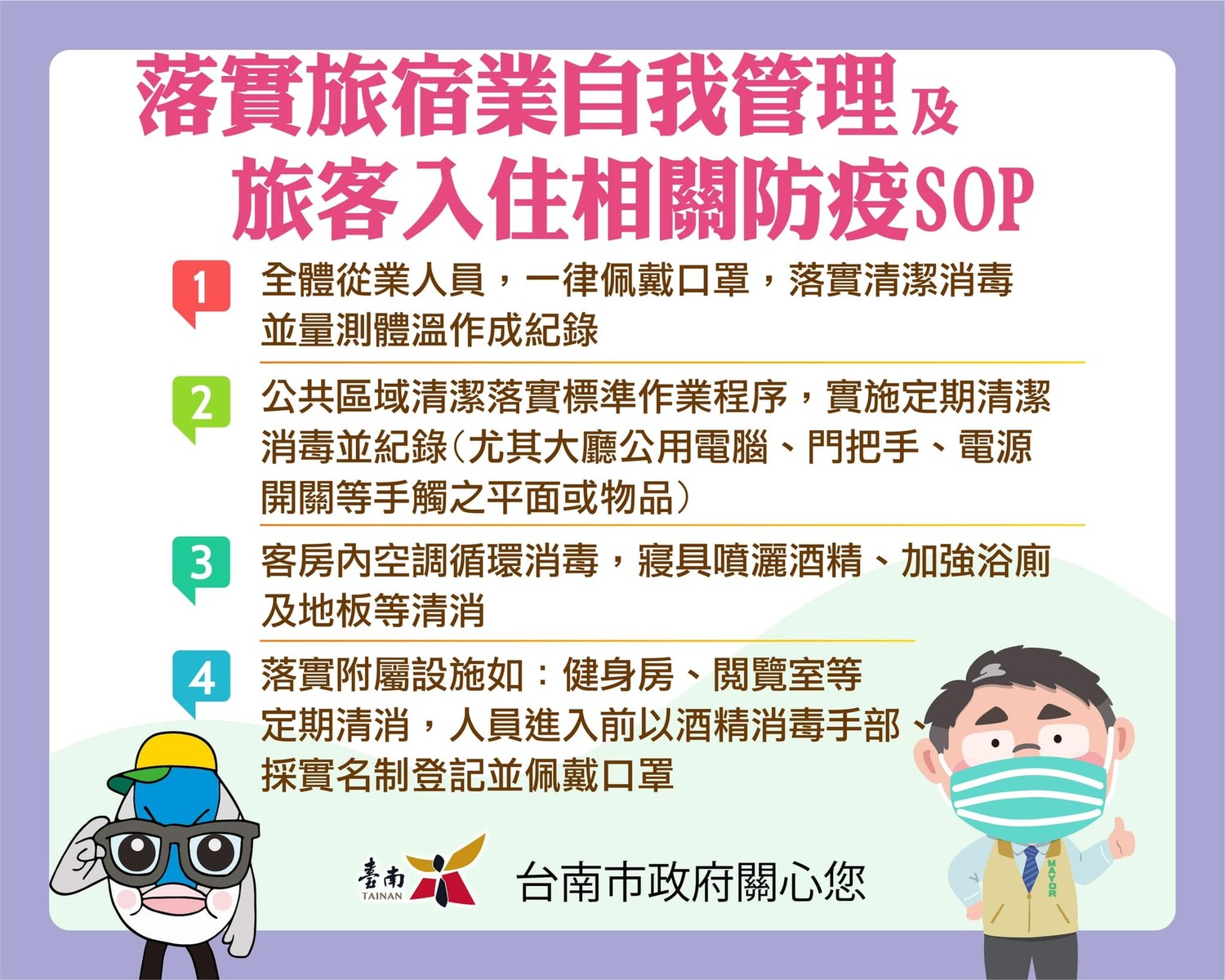 落實旅宿業自我管理及旅客入住相關防疫SOP。 圖:台南觀旅局/提供 落實旅宿業自我管理及旅客入住相關防疫SOP。 圖:台南觀旅局/提供