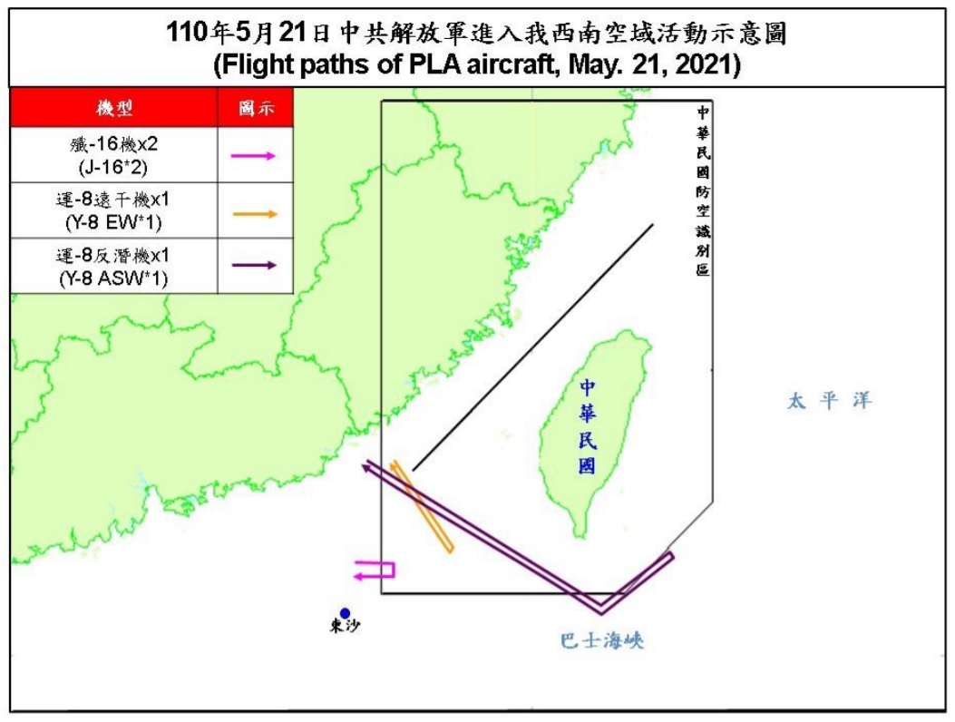 21日分別有2架殲16、1架運8遠干機、1架運8反潛機計4架共機侵擾台灣西南防空識別區(ADIZ),其中運8反潛機還穿越巴士海峽侵擾台灣東南空域。 圖:國防部提供 21日分別有2架殲16、1架運8遠干機、1架運8反潛機計4架共機侵擾台灣西南防空識別區(ADIZ),其中運8反潛機還穿越巴士海峽侵擾台灣東南空域。 圖:國防部提供