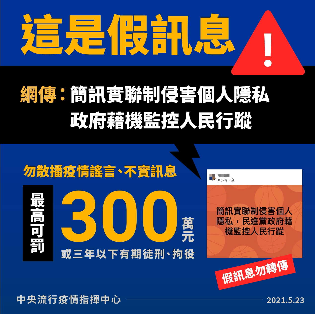 「簡訊實聯制侵害個人隱私,政府藉機監控人民行蹤」等,陳宗彥表示此為假訊息。 圖:中央流行疫情指揮中心/提供 「簡訊實聯制侵害個人隱私,政府藉機監控人民行蹤」等,陳宗彥表示此為假訊息。 圖:中央流行疫情指揮中心/提供