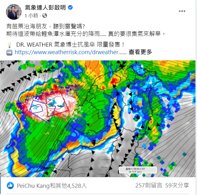 氣象專家彭啟明表示,這波鋒面雷雨胞活動相當活躍,可望為鯉魚潭水庫帶來雨水。 圖:翻攝自彭啟明臉書 氣象專家彭啟明表示,這波鋒面雷雨胞活動相當活躍,可望為鯉魚潭水庫帶來雨水。 圖:翻攝自彭啟明臉書