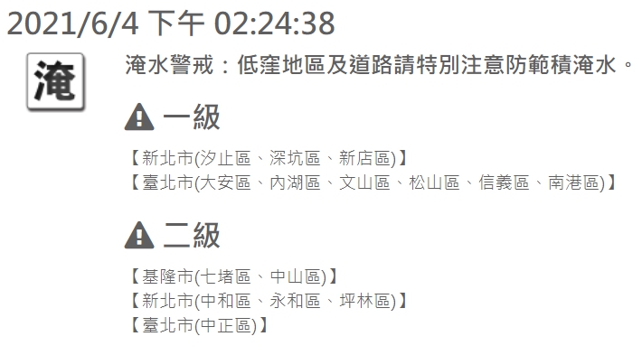 水利署擴大發布淹水警戒。 圖:翻攝自水利署官網 水利署擴大發布淹水警戒。 圖:翻攝自水利署官網