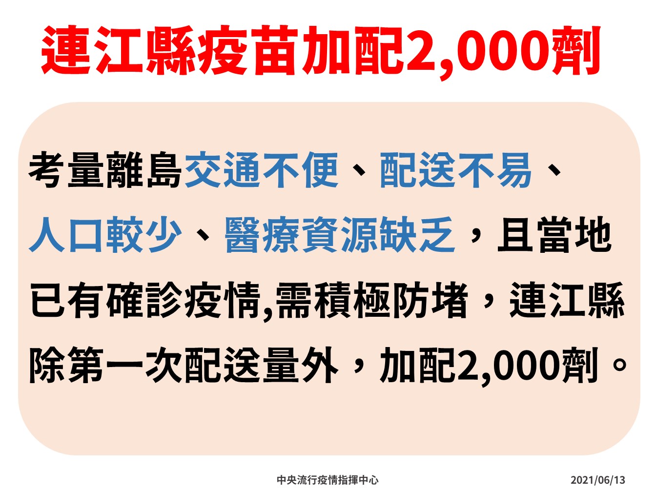 連江縣也加配2000劑疫苗。 圖:指揮中心/提供 連江縣也加配2000劑疫苗。 圖:指揮中心/提供