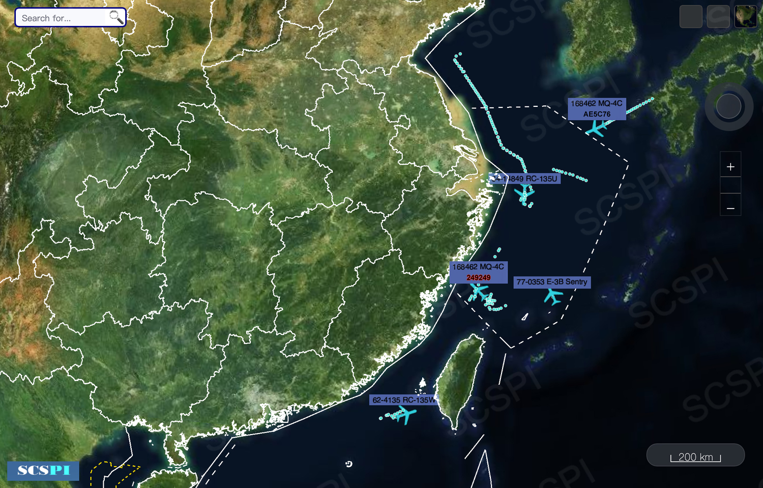 美軍16日出動E-3B空中預警機、RC-135U、RC-135W電子偵察機和MQ-4C海神無人機,密集對東海海域進行偵察。 圖:翻攝SCS Probing Initiative推特 美軍16日出動E-3B空中預警機、RC-135U、RC-135W電子偵察機和MQ-4C海神無人機,密集對東海海域進行偵察。 圖:翻攝SCS Probing Initiative推特