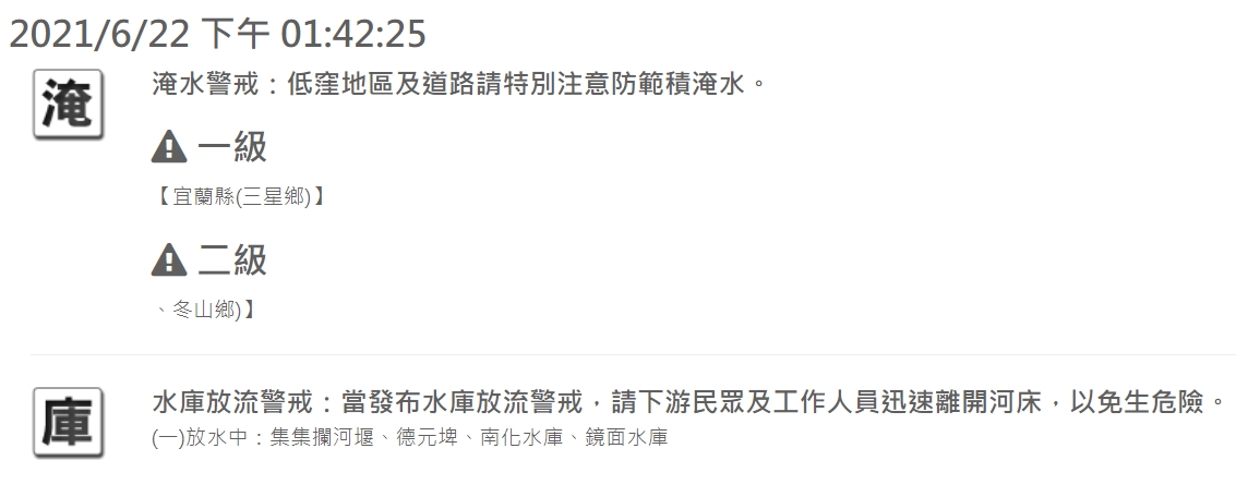 由於鋒面、西南風影響,水利署對宜蘭三星鄉發布一級淹水警戒。另外,中南部還有4水庫放水中。 圖:擷取自水利署網站 由於鋒面、西南風影響,水利署對宜蘭三星鄉發布一級淹水警戒。另外,中南部還有4水庫放水中。 圖:擷取自水利署網站