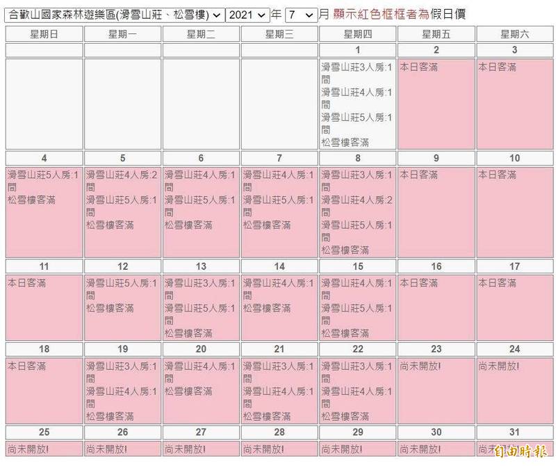 合歡山松雪樓7月訂房客滿。 圖:翻攝自林務局東勢林管處訂房系統 合歡山松雪樓7月訂房客滿。 圖:翻攝自林務局東勢林管處訂房系統