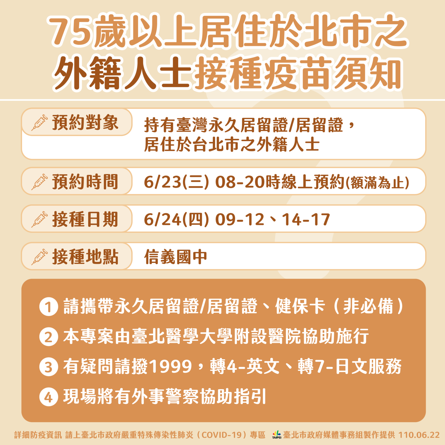 75歲以上外籍人士可施打疫苗。 圖:台北市政府 / 提供 75歲以上外籍人士可施打疫苗。 圖:台北市政府 / 提供