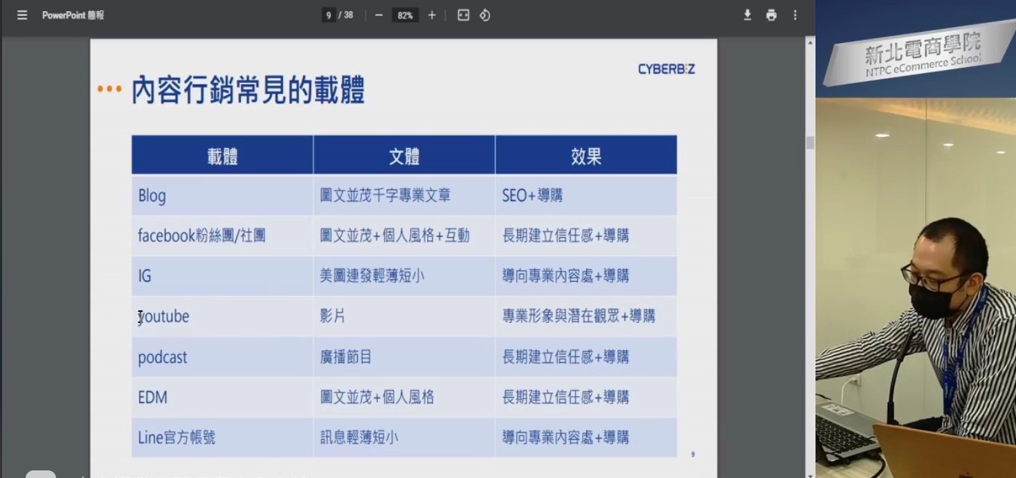 新北電商以「內容行銷流量隨你創造」線上課程拉開序幕,邀電商平台Cyberbiz陳泰元總經理特助開講。 圖:新北市經發局提供 新北電商以「內容行銷流量隨你創造」線上課程拉開序幕,邀電商平台Cyberbiz陳泰元總經理特助開講。 圖:新北市經發局提供