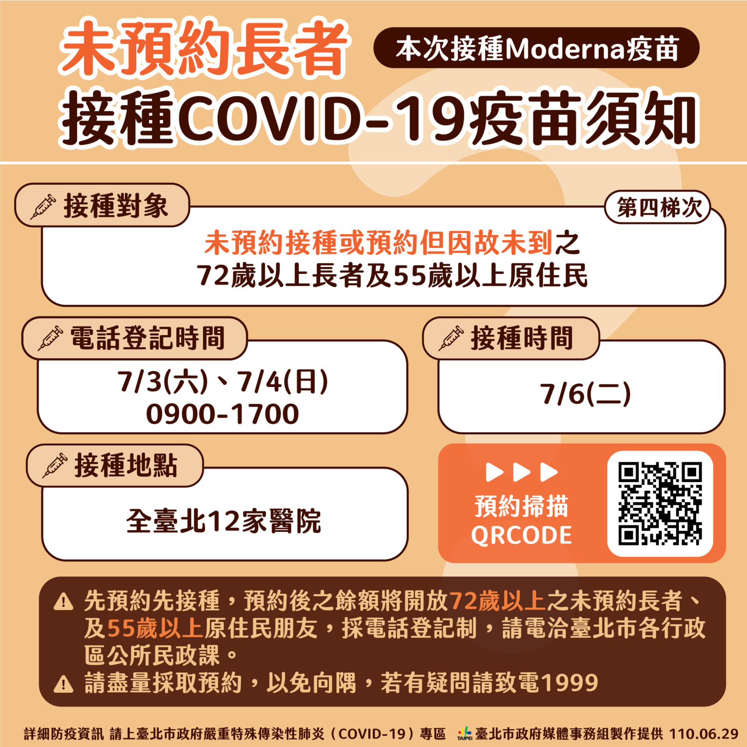 台北市未預約長者,也可7月3、4日進行電話登記。 圖:台北市政府 / 提供 台北市未預約長者,也可7月3、4日進行電話登記。 圖:台北市政府 / 提供