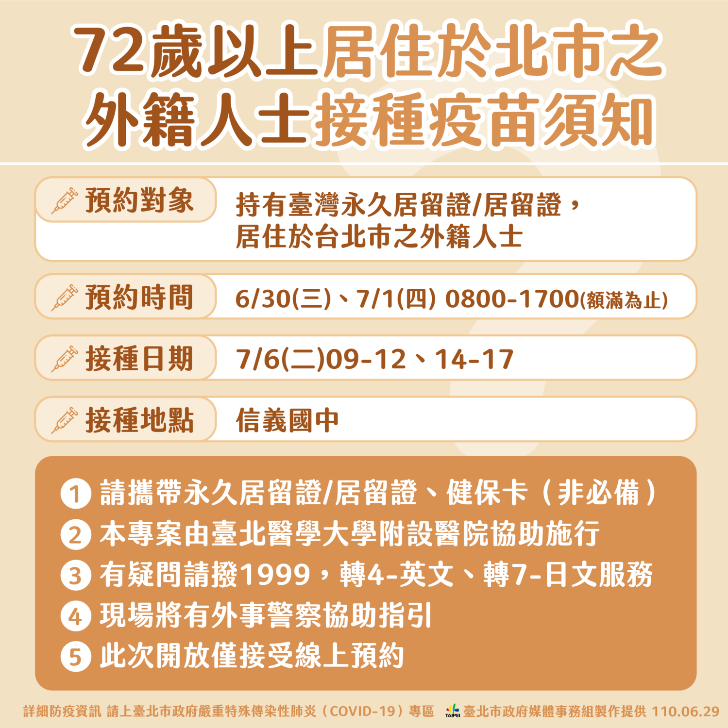 72歲以上外籍人士可電話預約赴台北醫學大學附設醫院施打疫苗。 圖:台北市政府 / 提供 72歲以上外籍人士可電話預約赴台北醫學大學附設醫院施打疫苗。 圖:台北市政府 / 提供