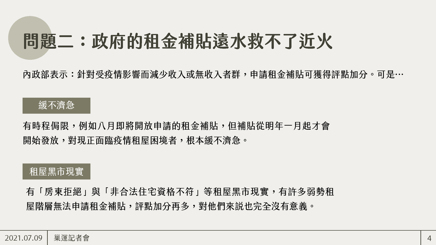 租金補貼問題。 圖:巢運提供 租金補貼問題。 圖:巢運提供