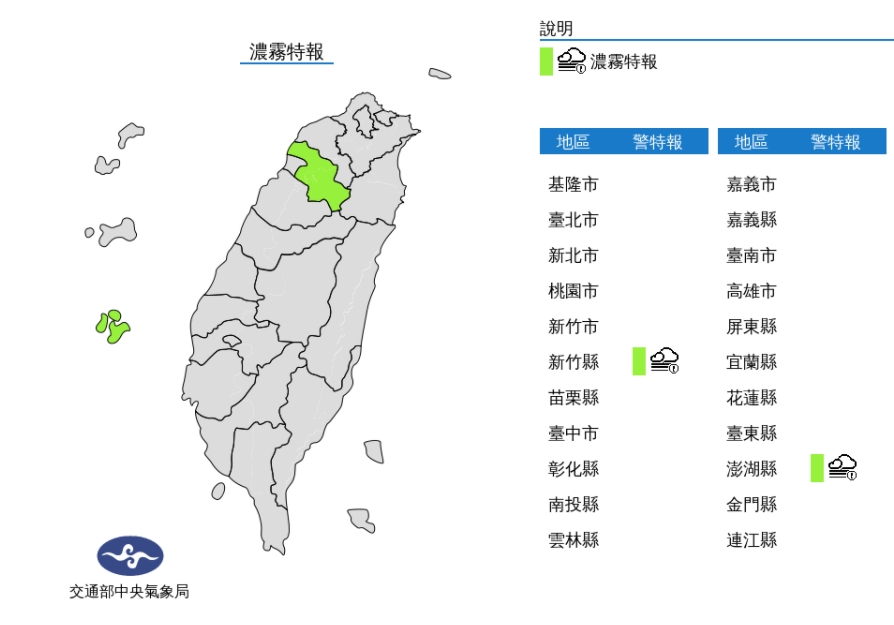 澎湖及新竹地區濃霧特報。 澎湖及新竹地區濃霧特報。