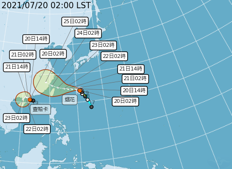 查帕卡颱風、烟花颱風路徑潛勢預報。 圖:中央氣象局/提供 查帕卡颱風、烟花颱風路徑潛勢預報。 圖:中央氣象局/提供