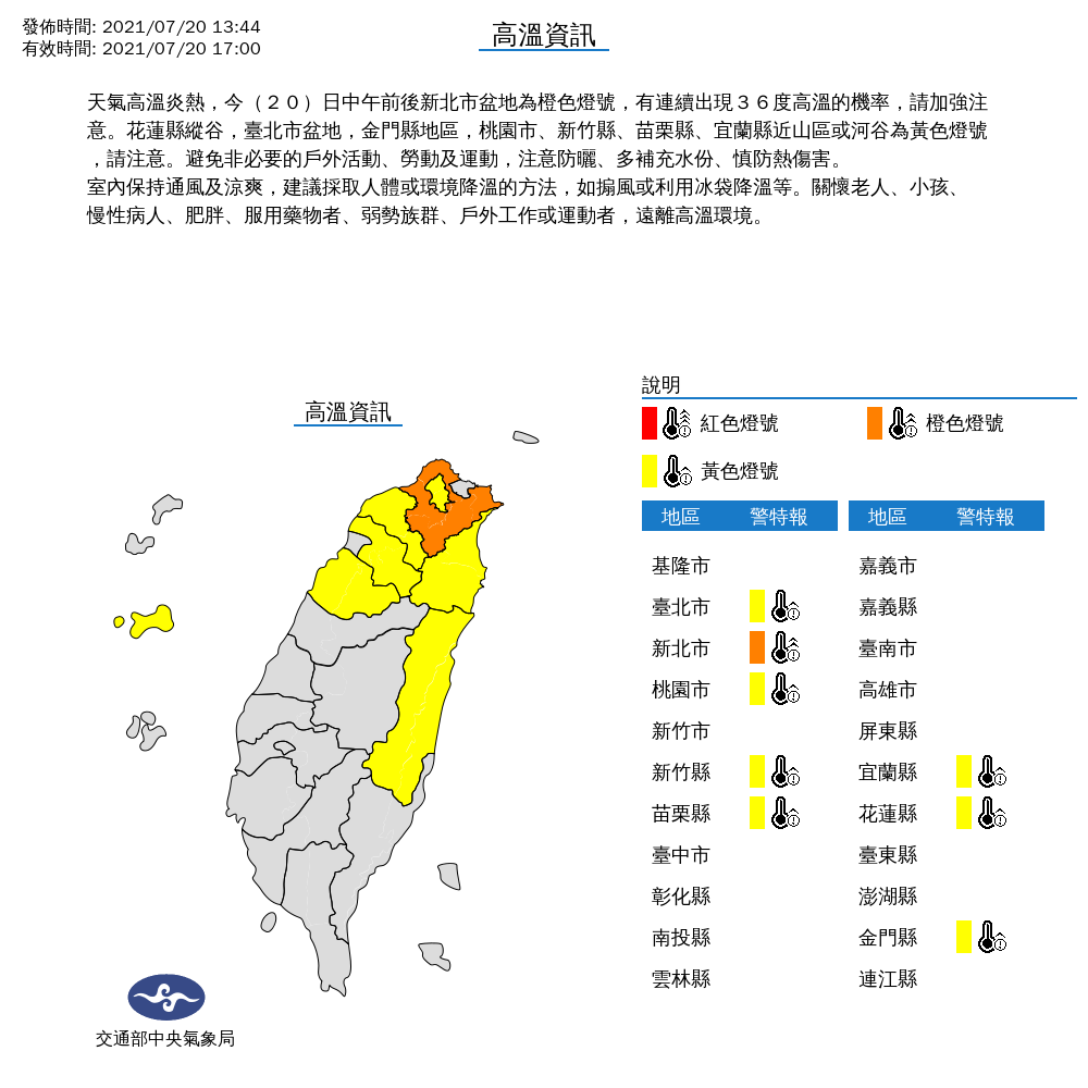 氣象局對8縣市發布高溫特報。 圖:中央氣象局/提供 氣象局對8縣市發布高溫特報。 圖:中央氣象局/提供